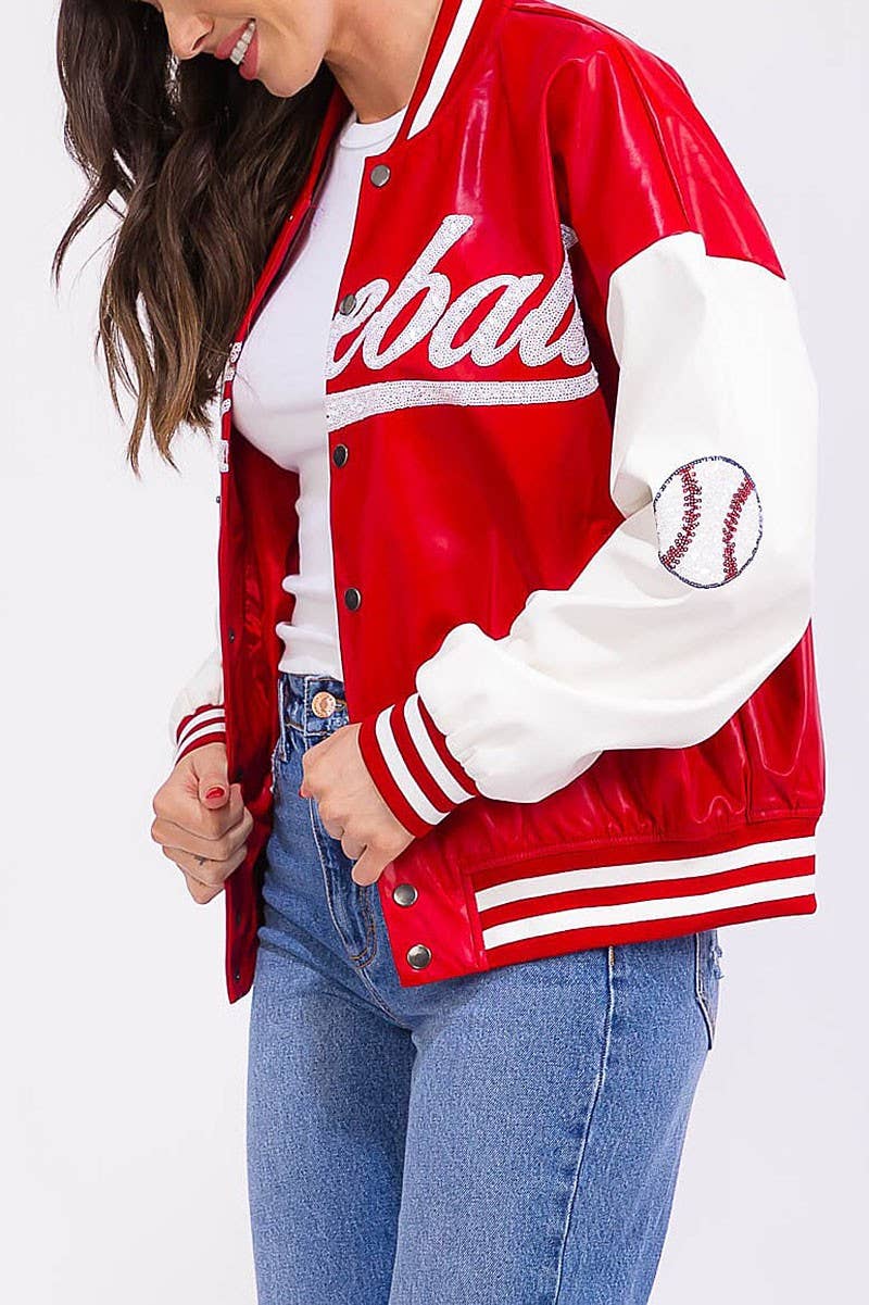 ROUSSEAU - Wholesale Varsity/Baseball Jacket - Women's - BUTTON FRONT POCKETS PU PLEATHER VARSITY JACKET6