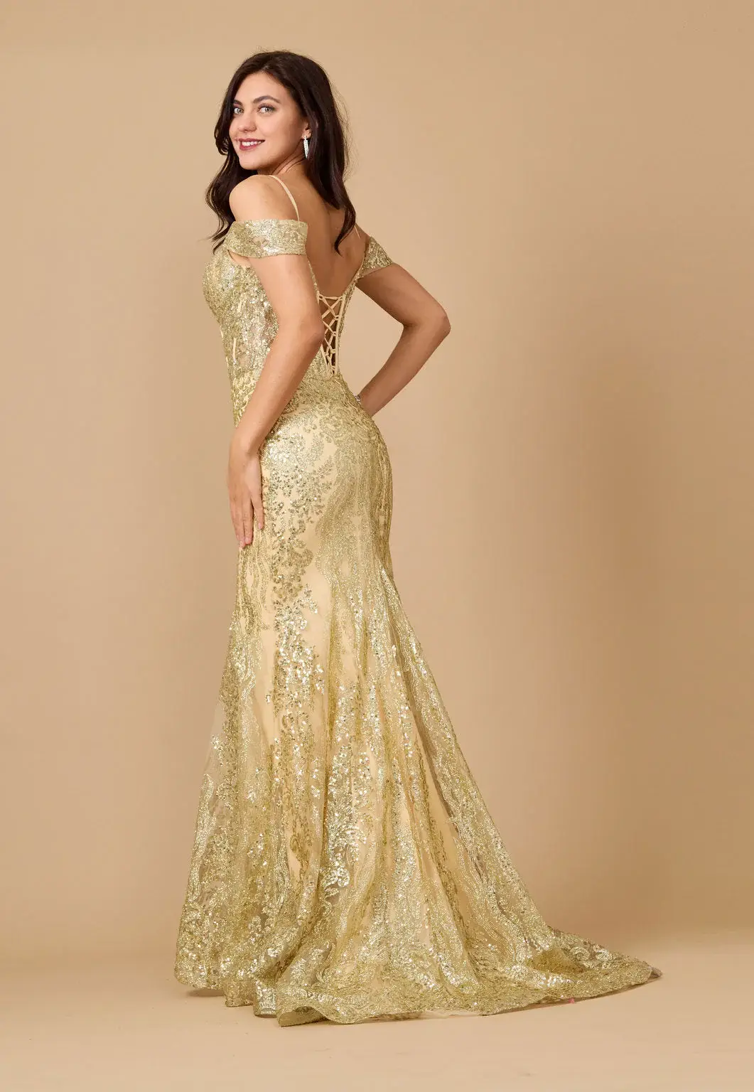 Kos Couture - Wholesale Gown - Women's - Off Shoulder Sequin Corset Formal Dress Gold12