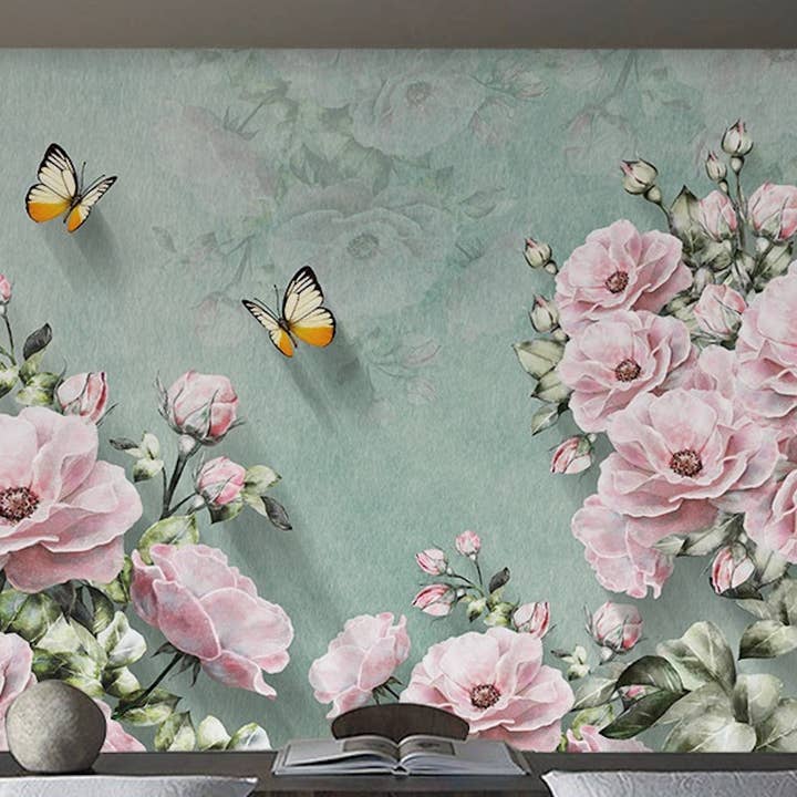 GK Home Decor – wholesale Tapetrulle – Pastell rosa blomma gul liten fjäril rustik tapet