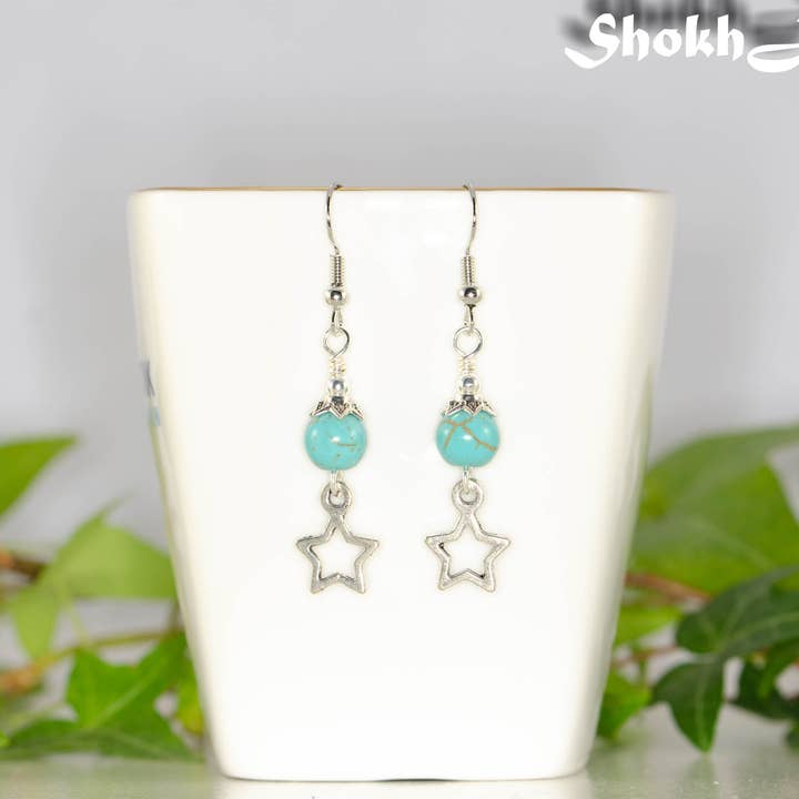 Boucles d'oreilles étoile en howlite turquoise et argent tibétain pour la vente par Shokh Jewelry