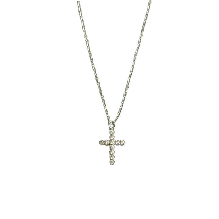 N160- Silver Cross Necklace with Cubic Zirconia for wholesale by Kiss Me Kate Jewelry