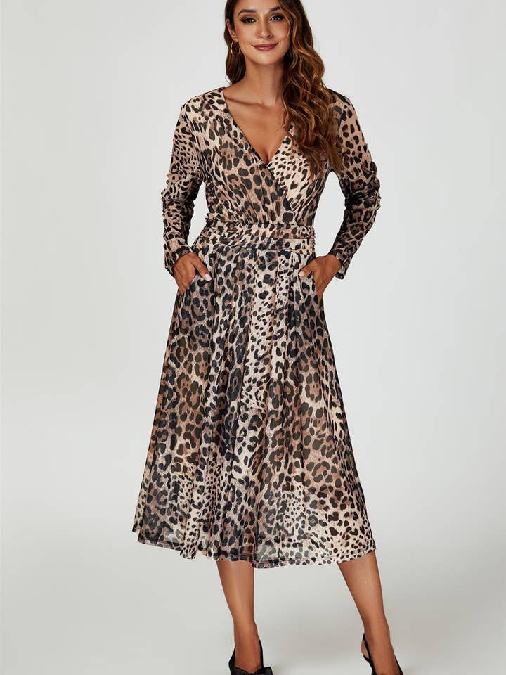 Leopard Print Mesh Midi Dress In Brown for wholesale on Faire3