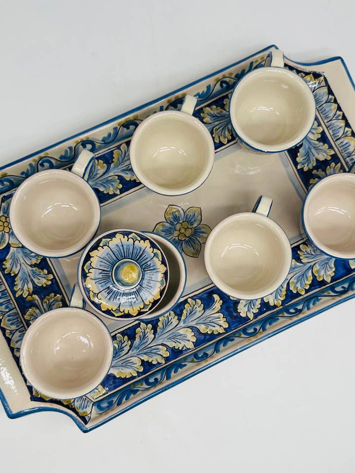 Set of 6 coffee cups with Tray and Sugar Bowl Hand-decorated Caltagirone Ceramics V.1 for wholesale by DD Ceramiche Siciliane