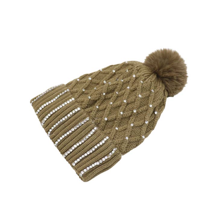 ASSORTED Pom Pom Knitted Beanie With Rhinestone HA4727-8 (12PC) for wholesale on Faire24