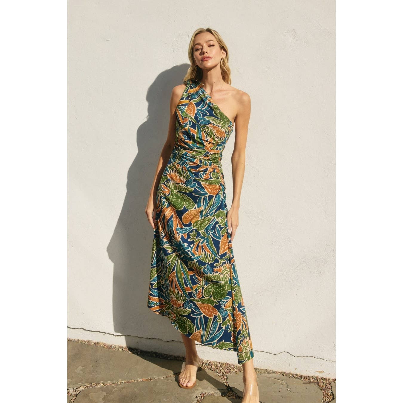 ECLIPSE TROPICAL Havana One Shoulder Ruched Midi Dress for wholesale on Faire1