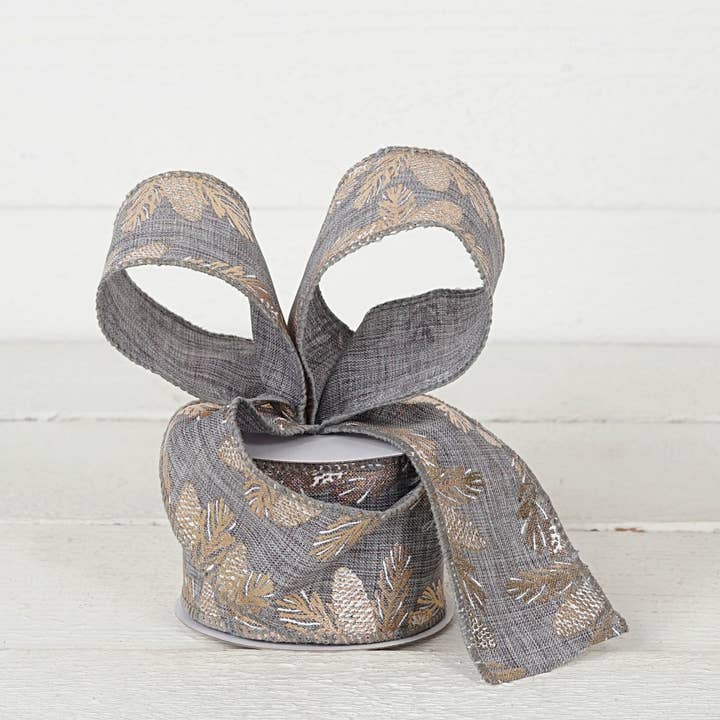Holiday Depot Inc. - Wholesale Ribbon - Gift Wrapping - R32927-Wired Ribbon-Gray Burlap w. golden pinecones (2.5inW)