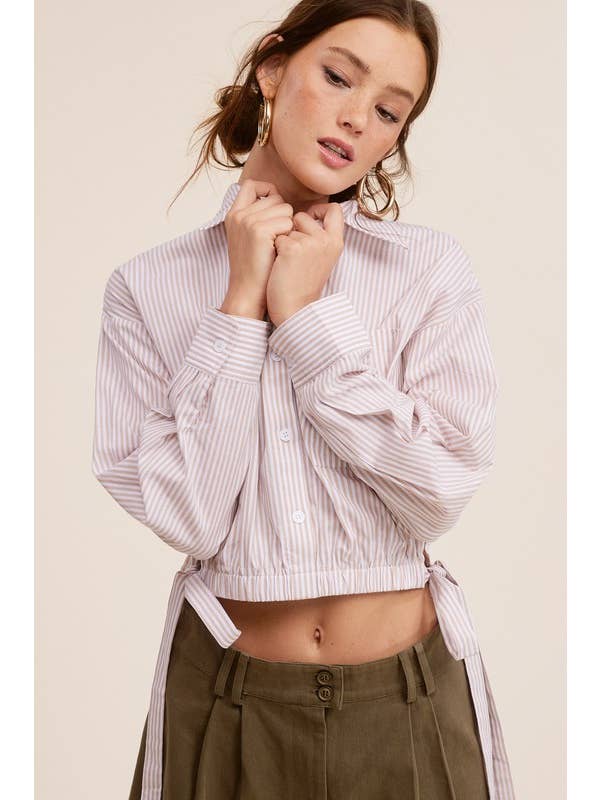 Beige Stripe Soft Cotton Side Tie Button-down Shirt for wholesale on Faire1