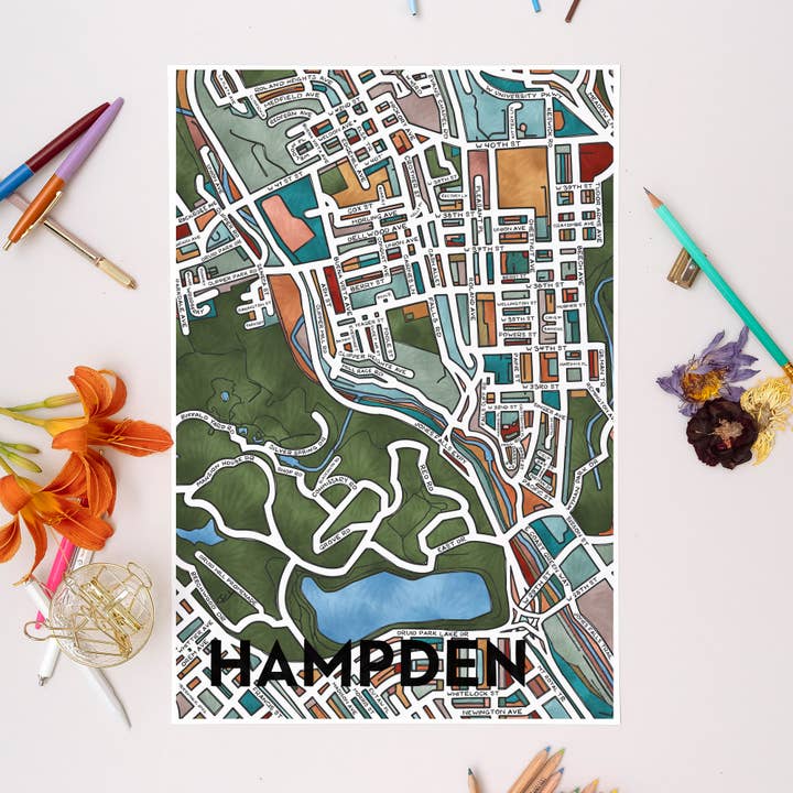 Hampden (Baltimore) Map Art Print for wholesale by Terratorie Maps + Goods