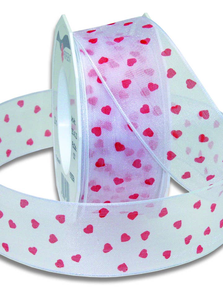 Organza ribbon hearts 20 m roll 40 mm white/red with wired edge for wholesale by C.E. PATTBERG GmbH & Co. KG