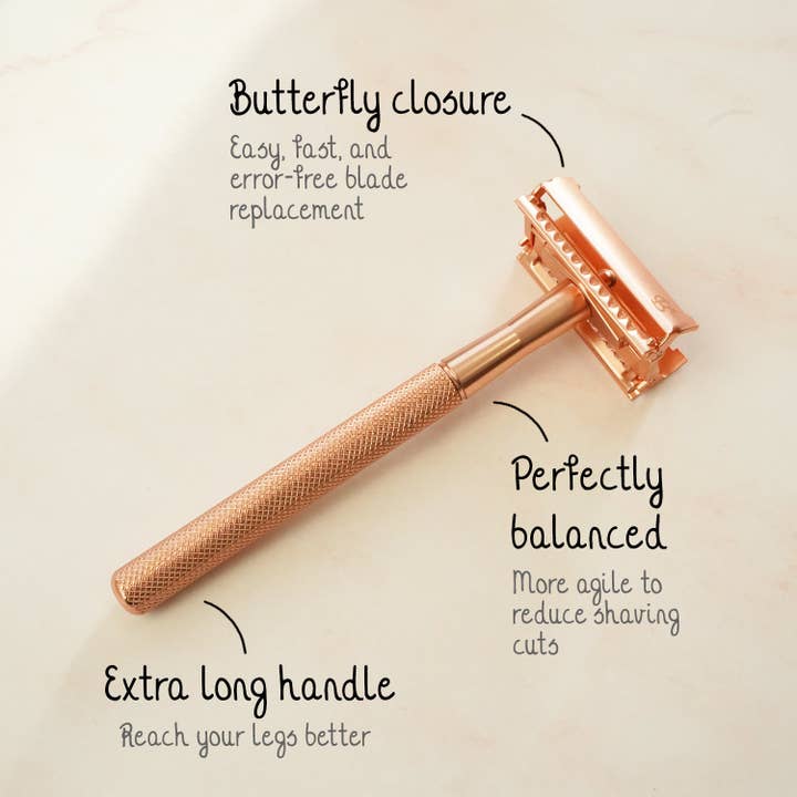 Bamboozy x Cosmeau – wholesale Razor – Safety Razor Butterfly with Stand · 20x Platinum blades1