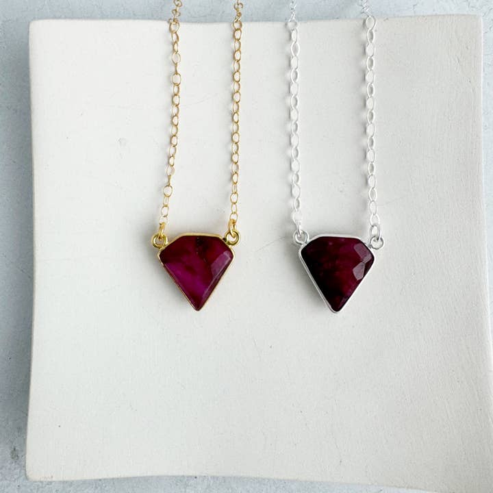 Dainty Triangle Bezel Necklace - Ruby for wholesale by Rustic Gem Jewelry