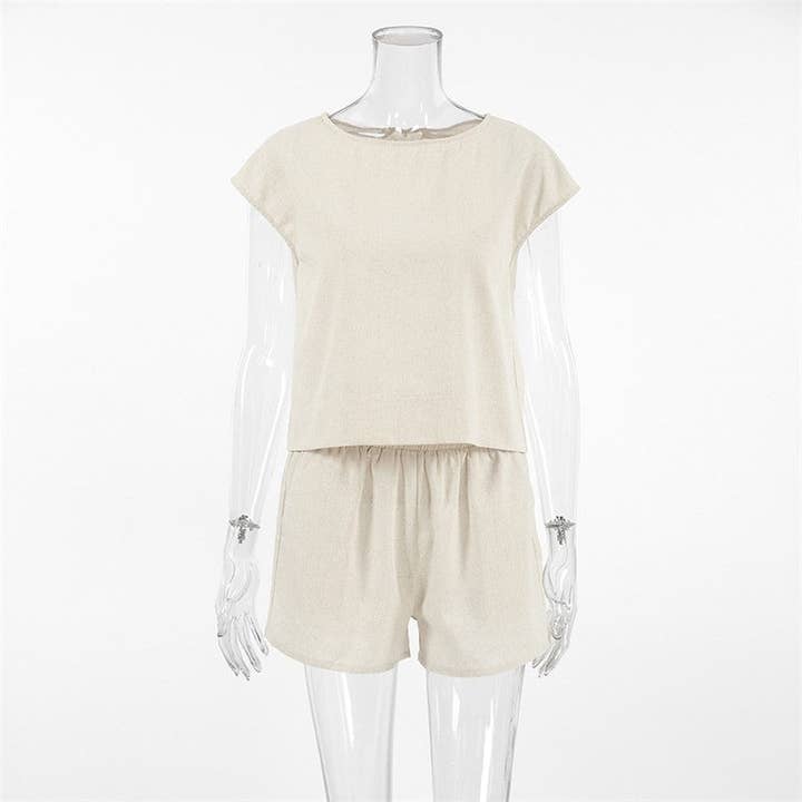 KHAKI Short Sleeve Cotton Linen Pajama Set with Solid Color for wholesale on Faire5