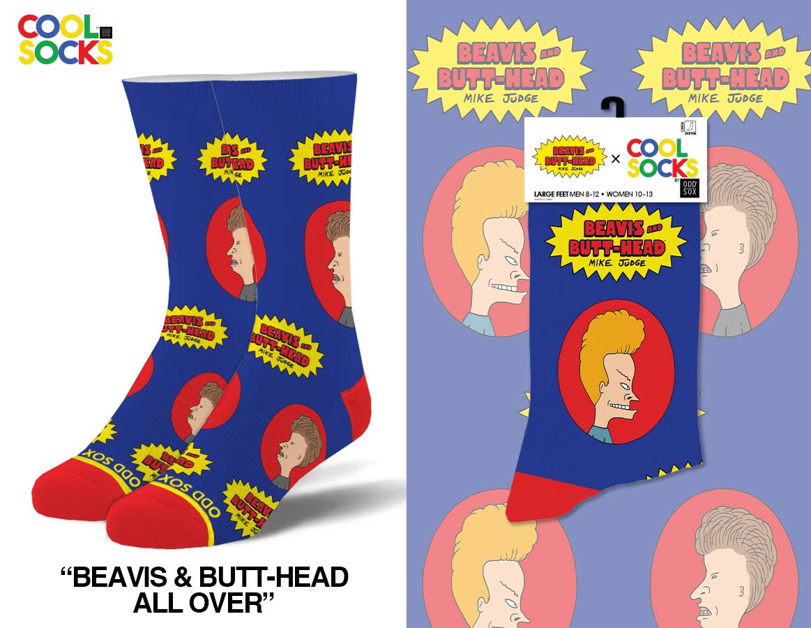 Cool Socks - Wholesale Socks - Unisex - Beavis & Butthead All Over - Mens Crew Folded