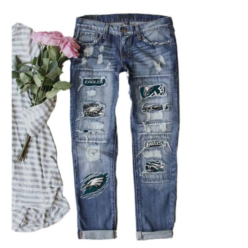 Azul Pantalones de mujer de tiro medio y pierna recta vaqueros rasgados para el día del partido de venta al por mayor en Faire2