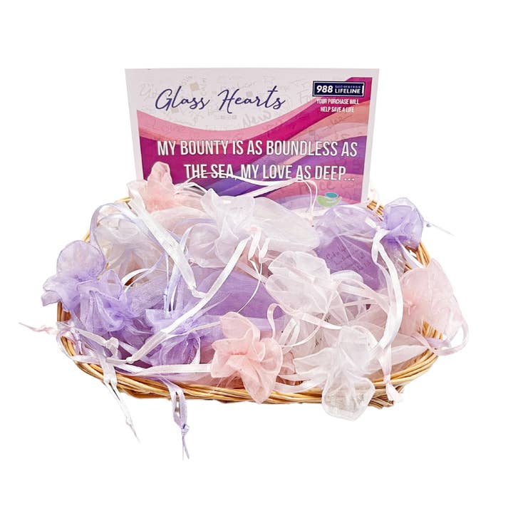 Frosted Glass Heart Assortment with Loving Words for wholesale by Lifeforce Glass, Inc.