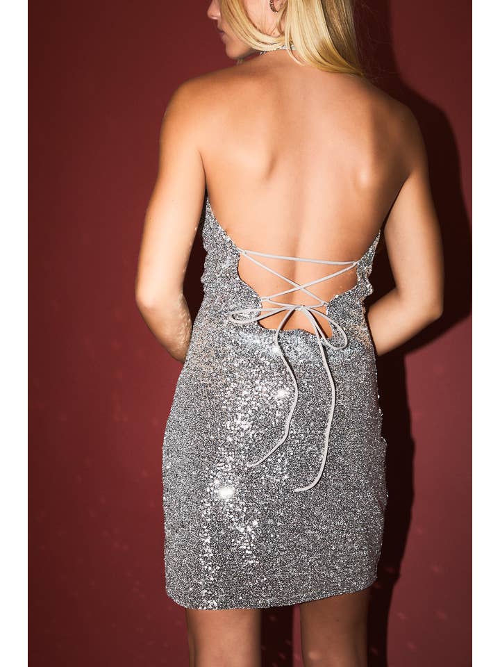Silver SEQUIN COWL NECK MINI DRESS for wholesale on Faire6