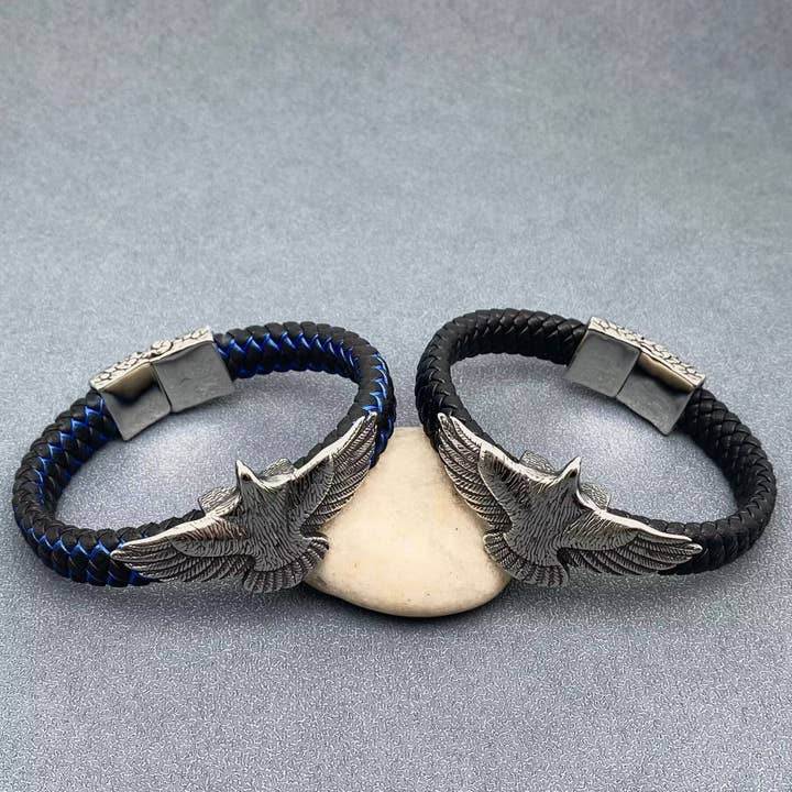 Stainless Steel Eagle Viking Valknut Leather Bracelet -MJ/BC for wholesale by Mio Queena