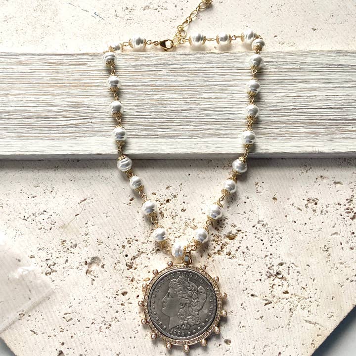 VB&CO Designs Handmade Jewelry - Wholesale Pendant/Charm Necklace - Morgan dollar coin necklace vintage pearl chain