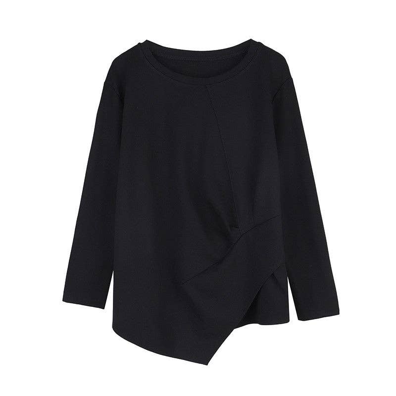 BLACK Solid Color Irregular Long Sleeve T-Shirt for wholesale on Faire4
