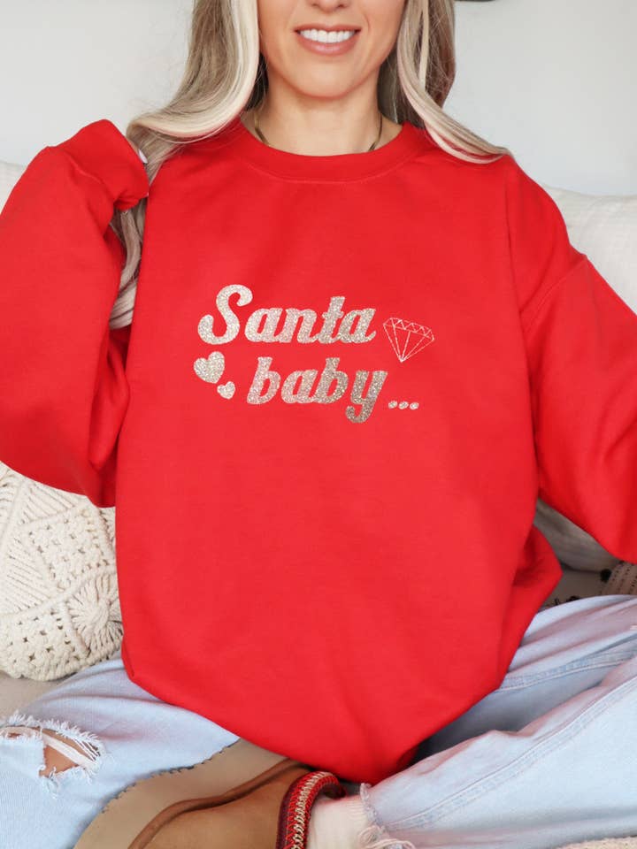 Santa Baby Sweatshirt – Bright Red Pullover with Silver Glitter Holiday Graphic for wholesale by The Maximalist Boutique