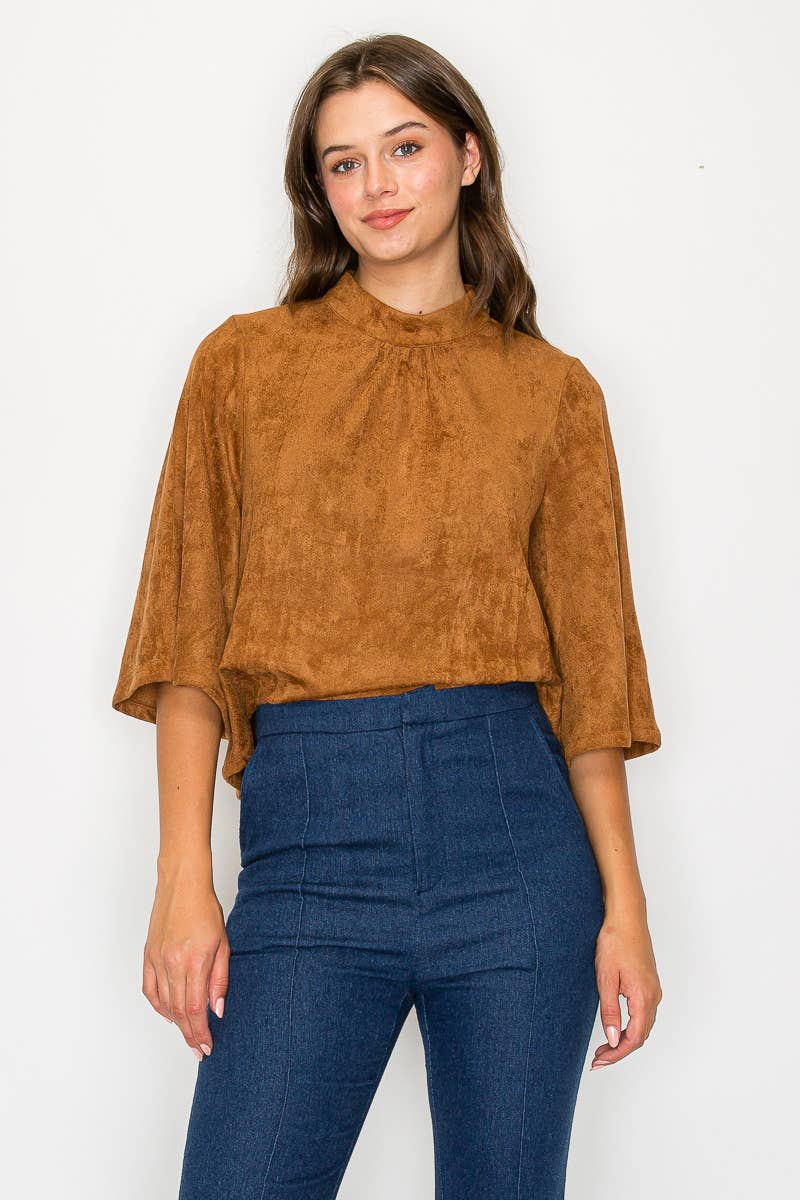 LoveWednesday - Wholesale Blouse - Women's - Bell sleeve camel suede top  - LWT1802 14