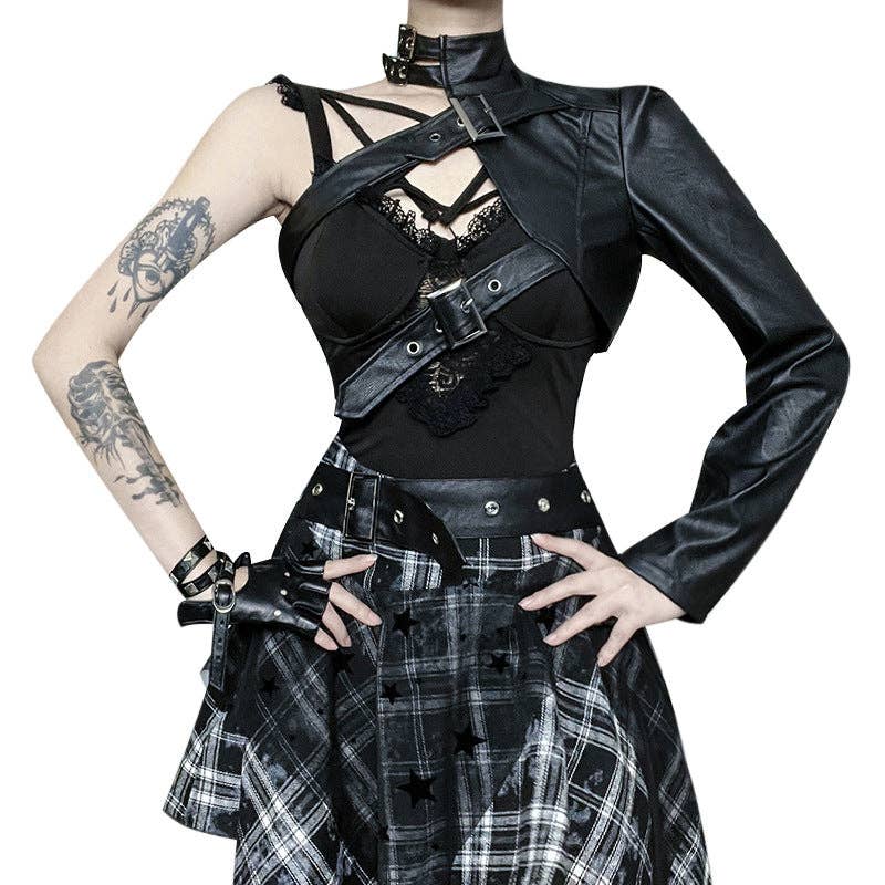 Negro Top de poliéster de un solo hombro estilo punk vintage de venta al por mayor en Faire5