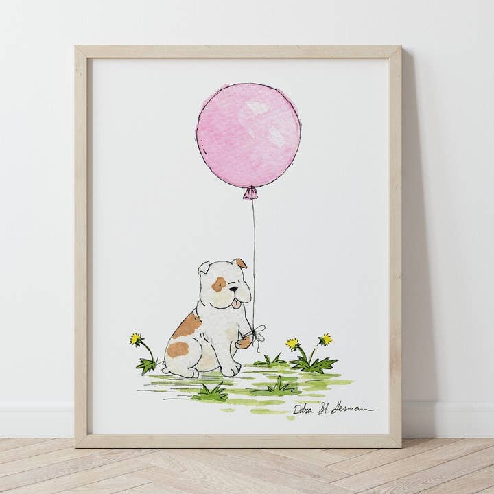 Bulldog with Pink Balloon Print for wholesale by Jasper and Ruby