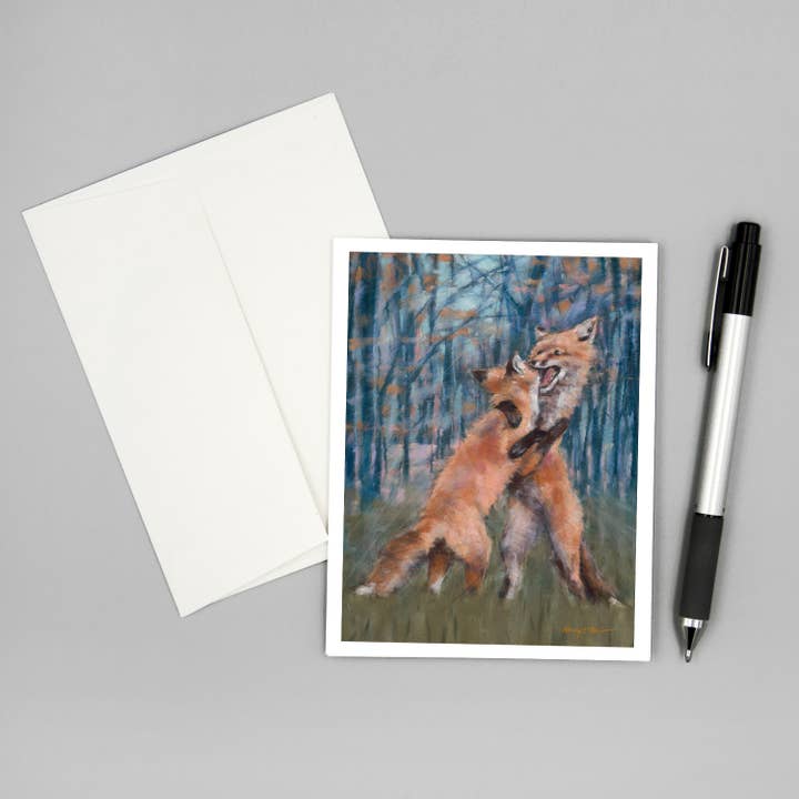 Note Card, Eco-friendly, Young Foxes Playing for wholesale by Mary Pow Designs