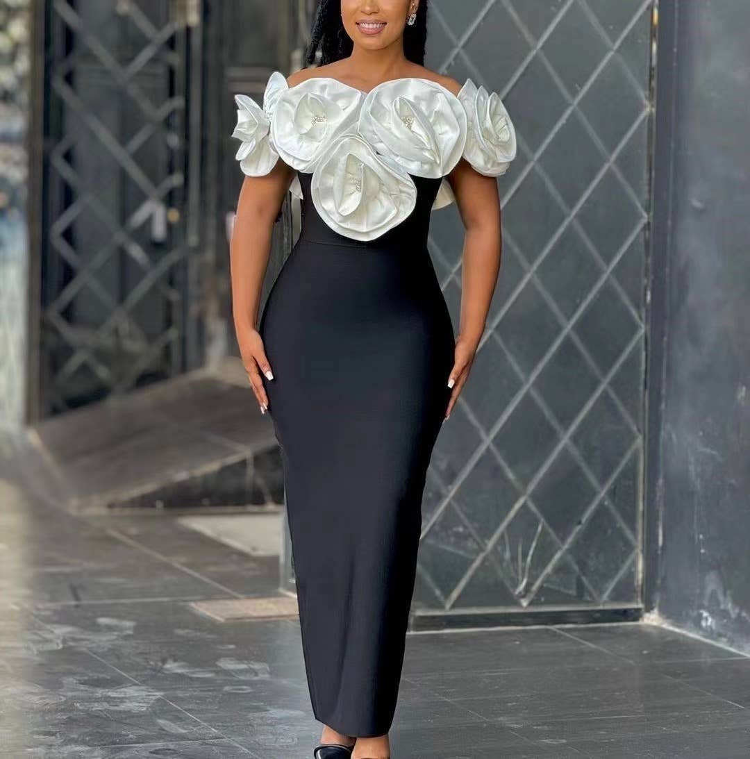 Productseeker – wholesale Klänning - Dam – DR0190 Elegant blommig bandageklänning - svartvitt9