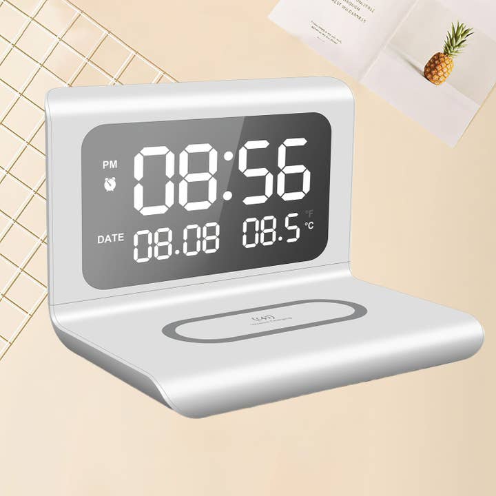 Modpopdeco – wholesale Charging dock – Multifunctional Wireless Charging Station Time Temperature Alarm Clock for Bedroom Desk Works with iPhone 16 15 14 13 12 11 Series AirPods Pro 2 3 4 Samsung S25 S23 S22 S21 S20 Galaxy Buds2