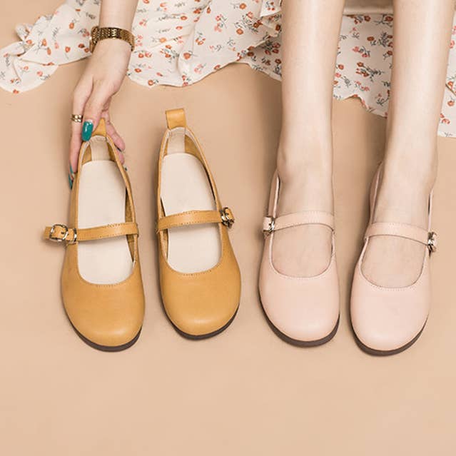 Mary Jane platte schoenen van zacht leer, handgemaakt, geel/roze voor wholesale door DWARVES
