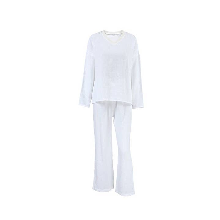 White Long-Sleeve Long Pants Pajama Set for wholesale on Faire4