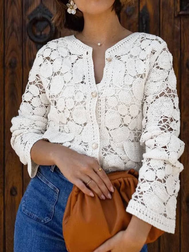 Retro Bohemian Crochet Button Up Cardigan Top for wholesale by Rosa Clothing