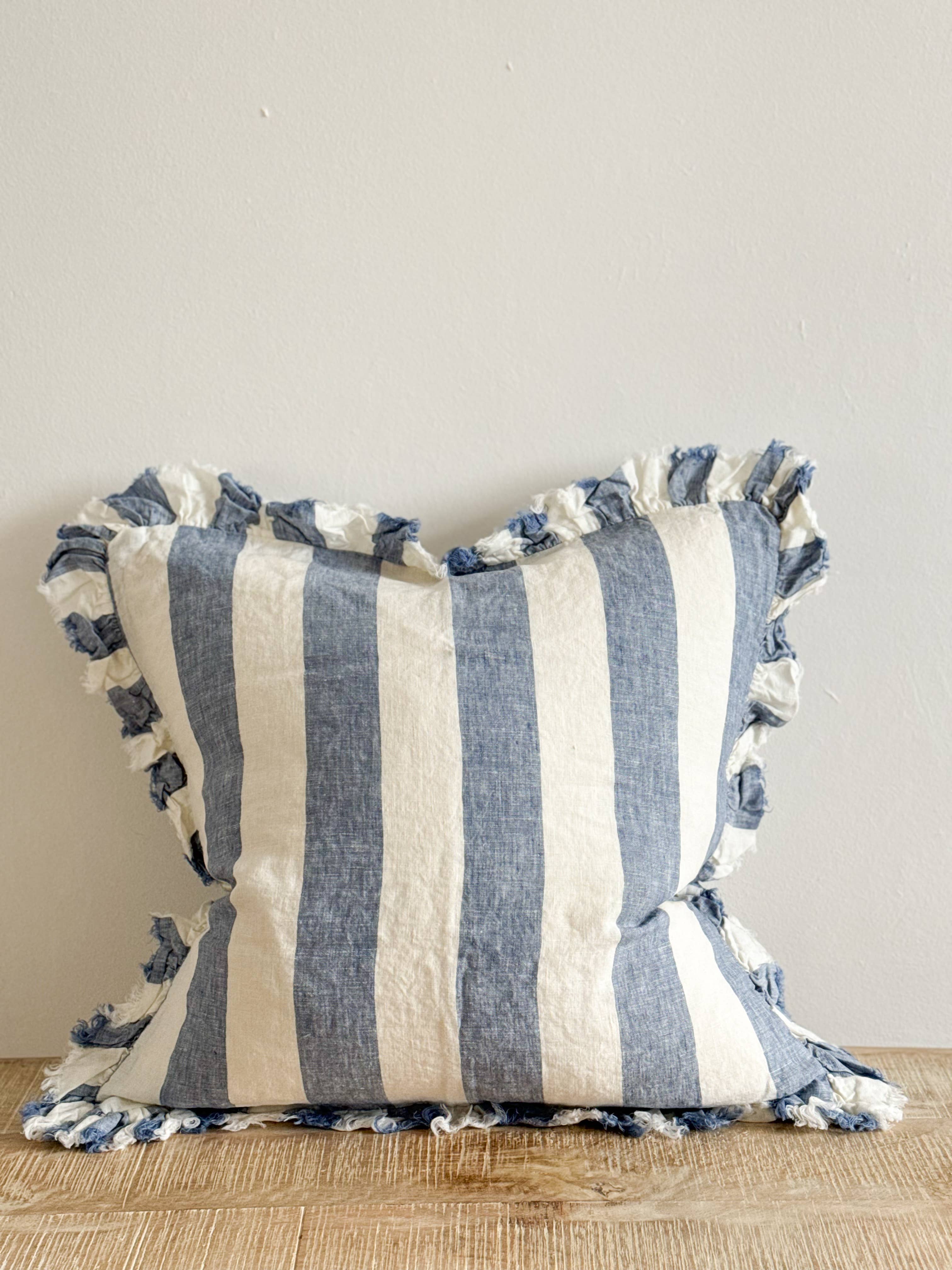 Ellenvale Trade - Wholesale Throw Pillow Cover - Hallie Ruffled Linen Cushion Cover – Blue Wide Stripe1