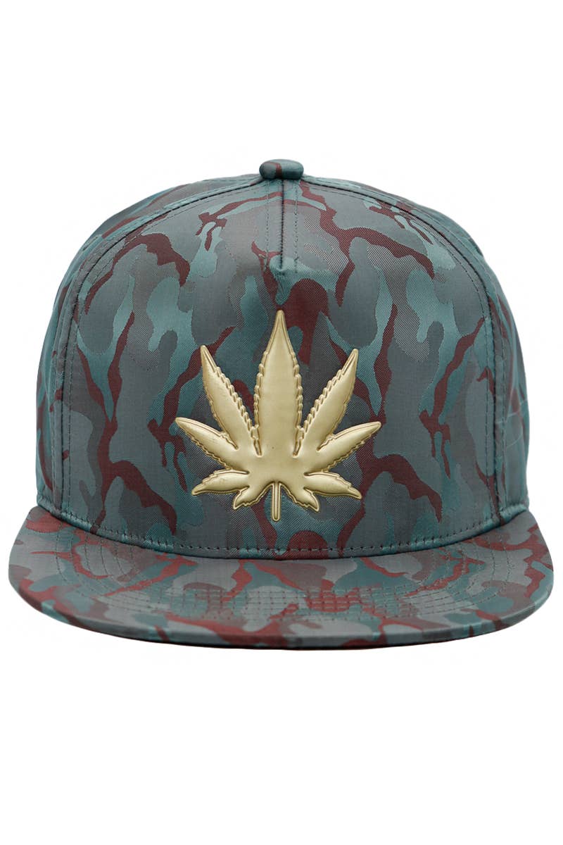 Cap Zone - Wholesale Flat Brim Cap - Men's - Gold Marijuana Leaf Embossed Camo Polyester Fabric Snapback13