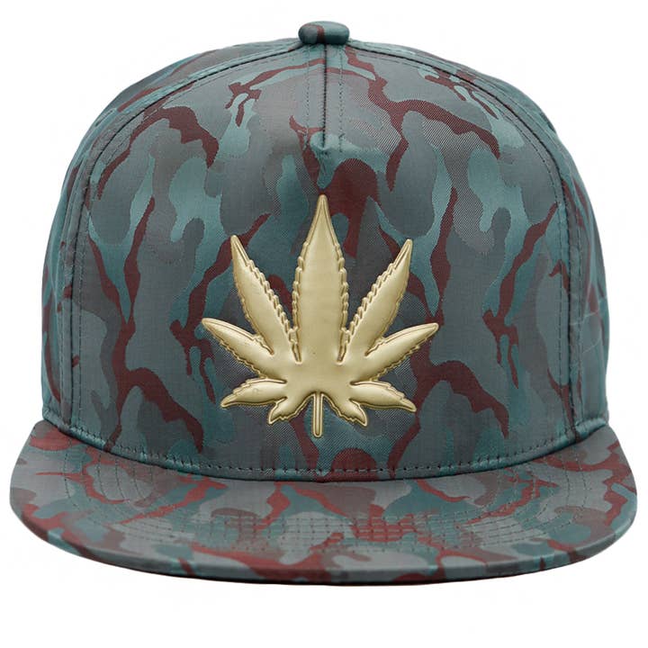 Cap Zone - Wholesale Flat Brim Cap - Men's - Gold Marijuana Leaf Embossed Camo Polyester Fabric Snapback13