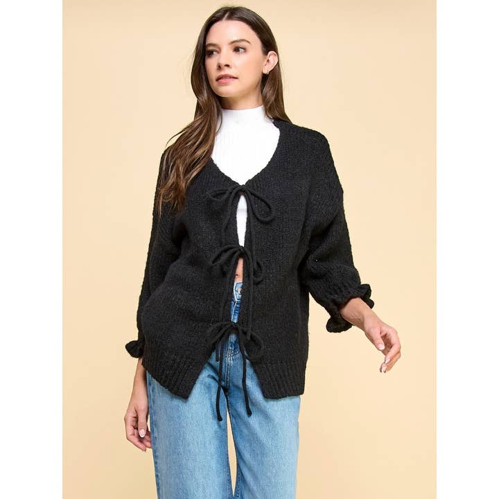 Veveret - Wholesale Cardigan - Women's - Knit Cardigan with Fornt Tie Ribbon 10