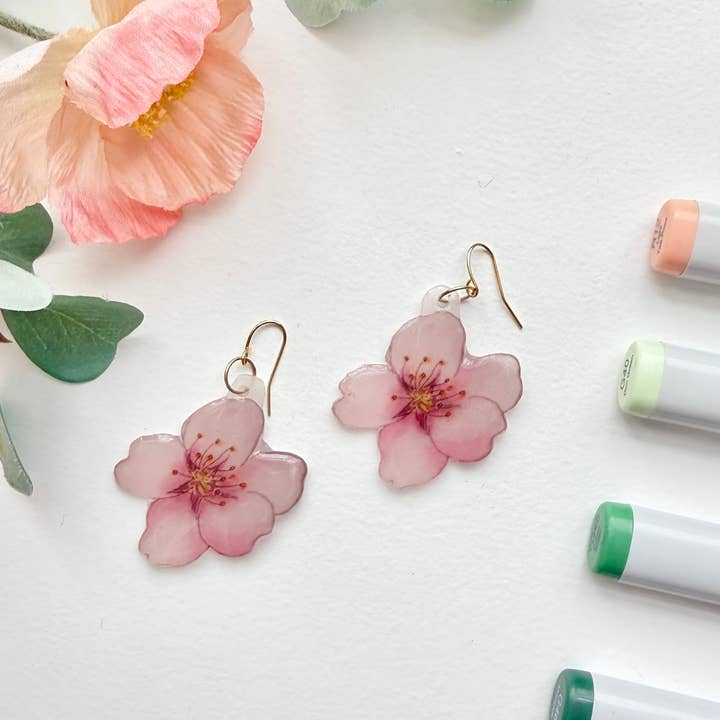 D. Prince Designs - Wholesale Dangle Earrings - Hand-Illustrated Cherry Blossoms | Handmade Acrylic + Resin Dangle Earrings3