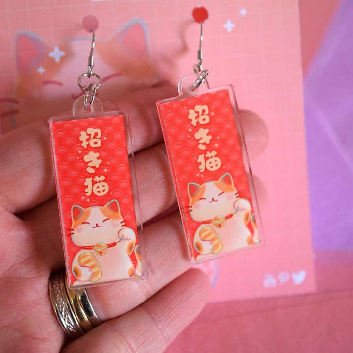 Nekojima Studios - Wholesale Dangle Earrings - Kawaii Acrylic Earrings Bob the Lucky Cat1