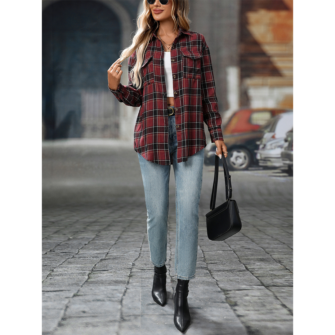 UNISHE - Wholesale Shirt - Women's - Casual Loose Fit Plaid Pockets Button-Down Shirt MD2135