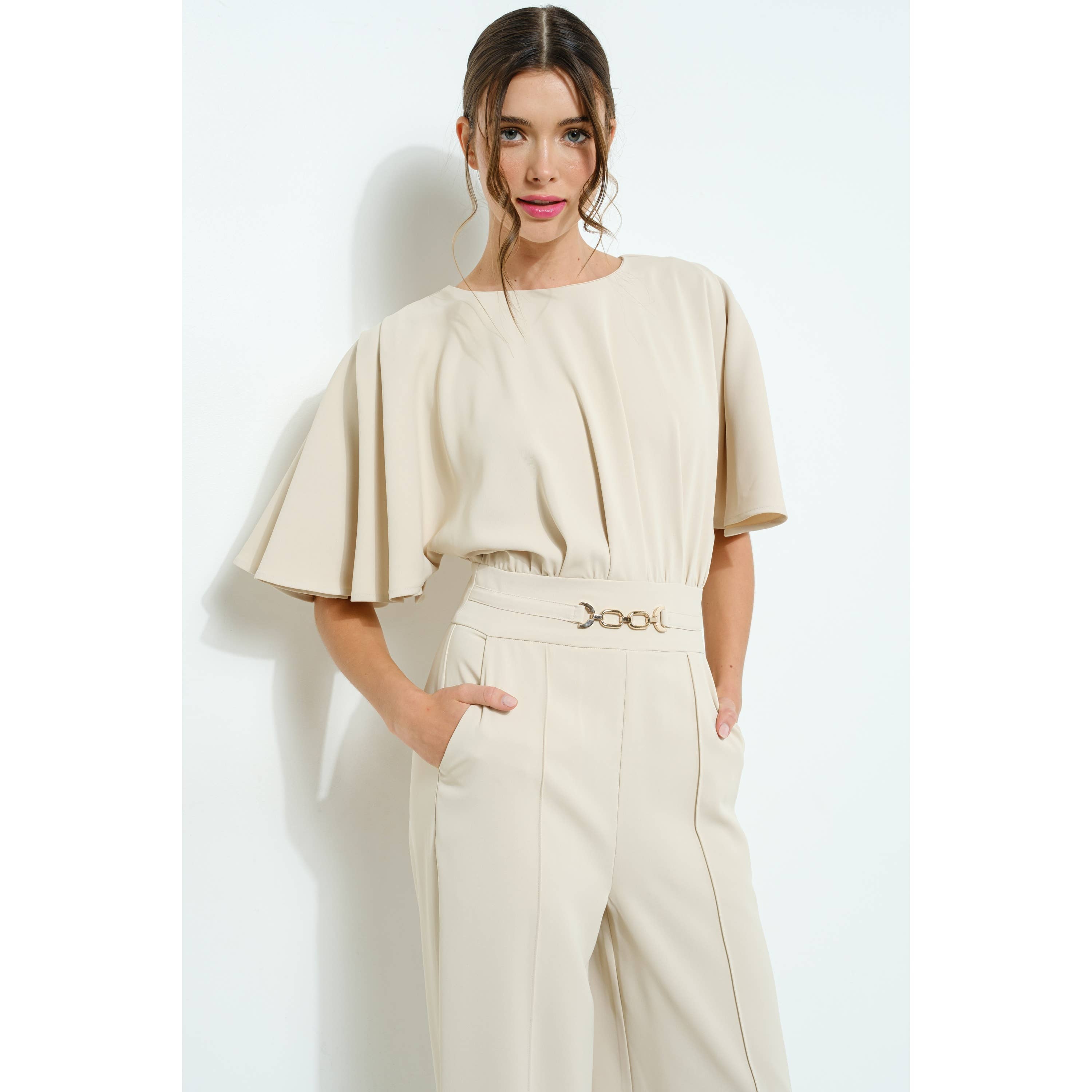 INA - Wholesale Romper - Women's - Flutter Kimino Sleeve Buckle Detail Wide Jumpsuit15
