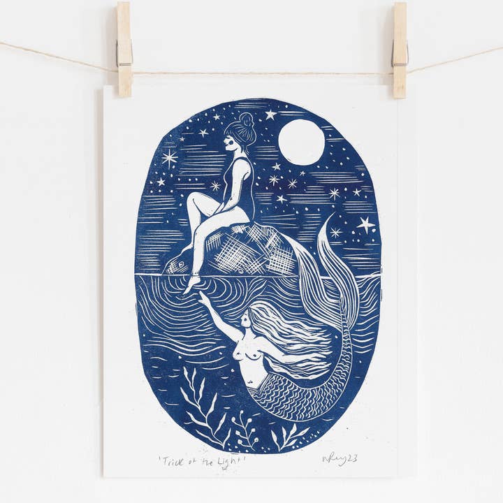 Prints by the Bay - Wholesale Art Print - Trick of the Light riso print, mermaid, swimmer, seaside0