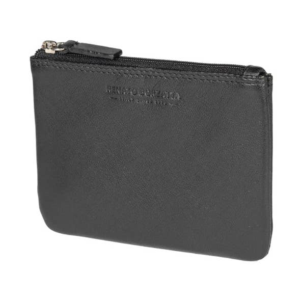 RB12032A | Keychain/Coin Purse in genuine full-grain leather, with light grain. Color Black. RFID protection. Dimensions: 13 x 9 x 0.5 cm. Packaging: Bottom/lid gift box for wholesale by Kaili mood / RENATO BORZATTA - Italy since 1978 -