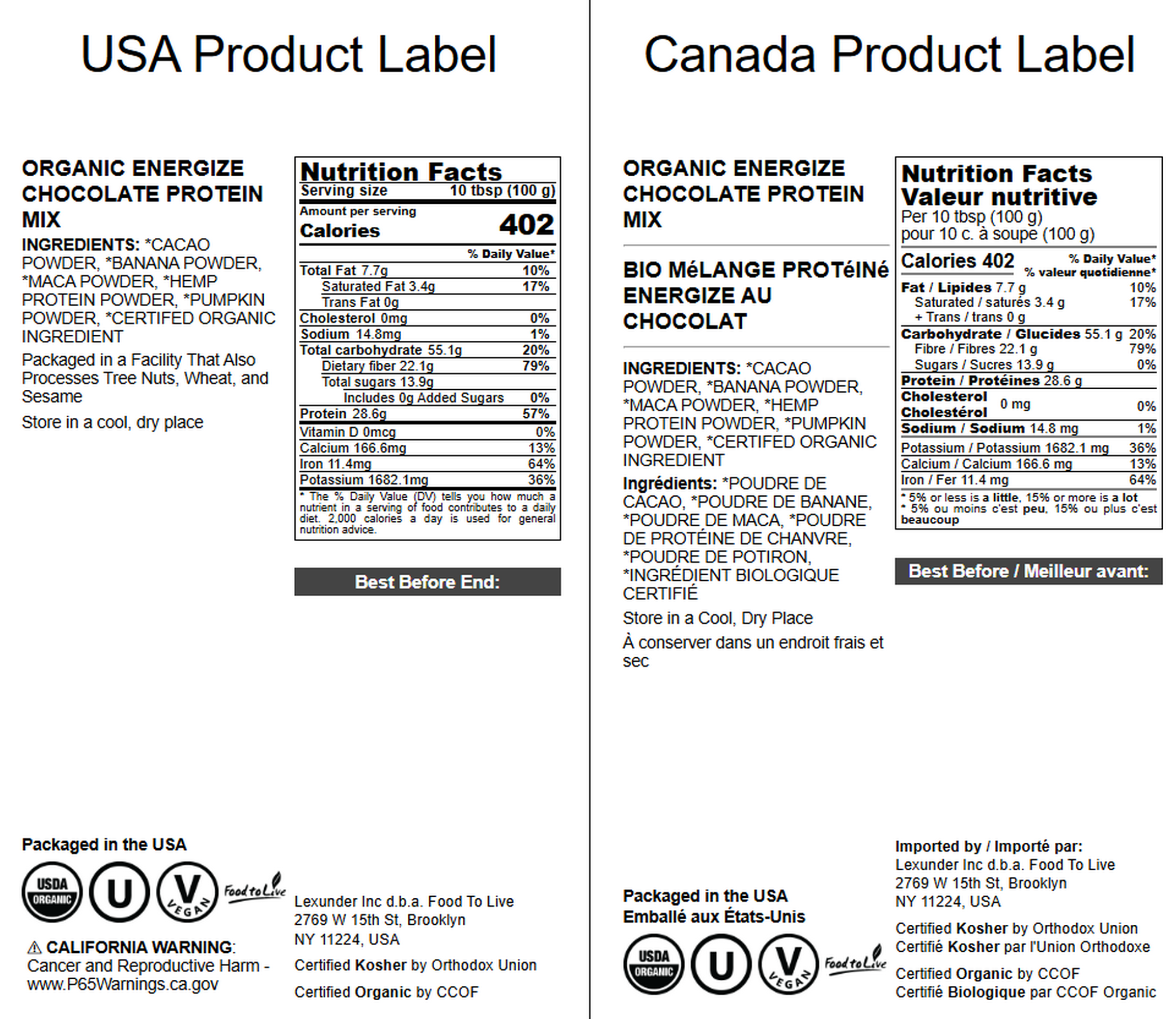 Food To Live – wholesale Protein/superfood powder – Organic Energize Chocolate Protein Mix – Vegan, Kosher, Bulk – by Food to Live2