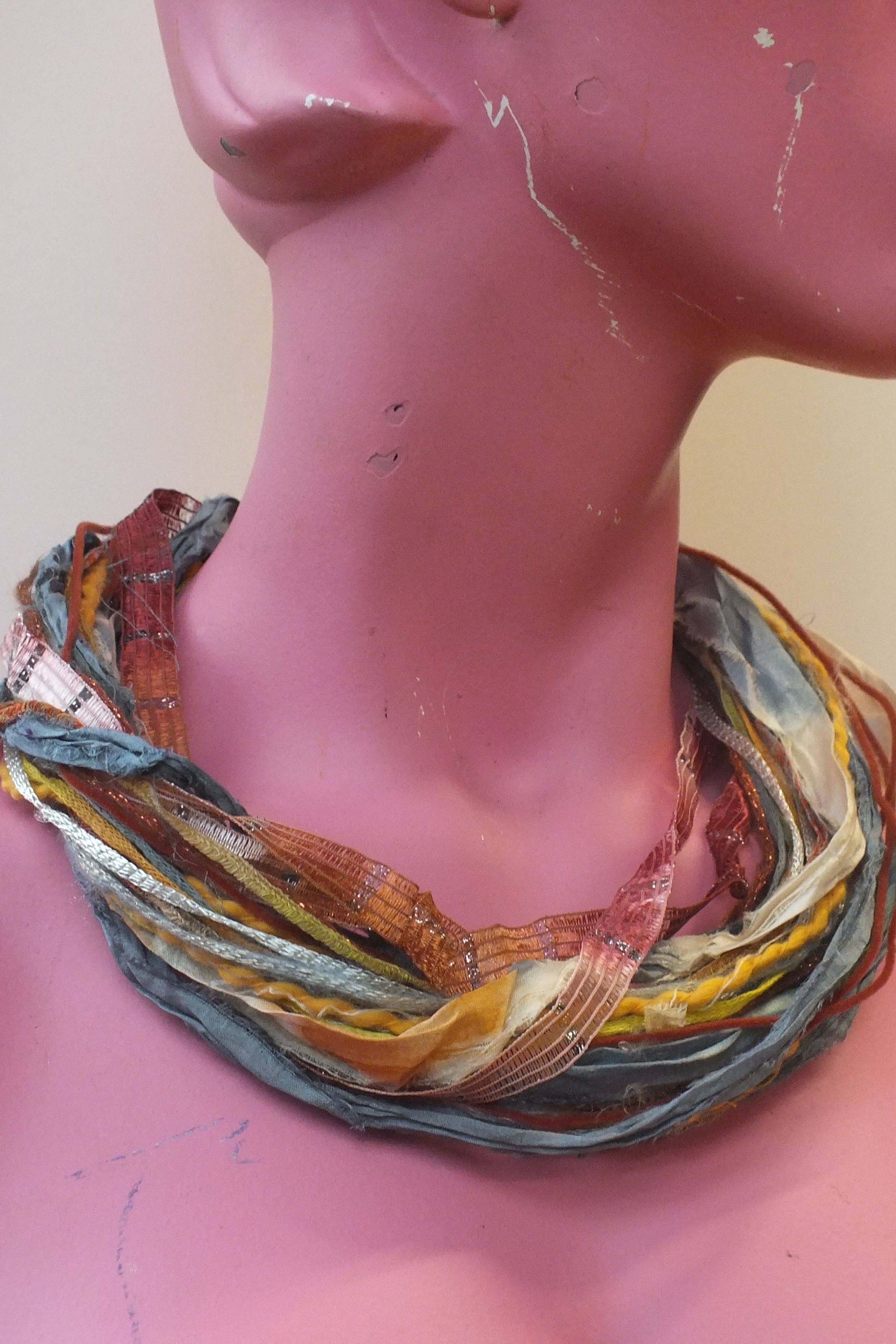 Megan Crook Textiles – wholesale Yarn – Silk Yarn Necklace in Grey Ochre