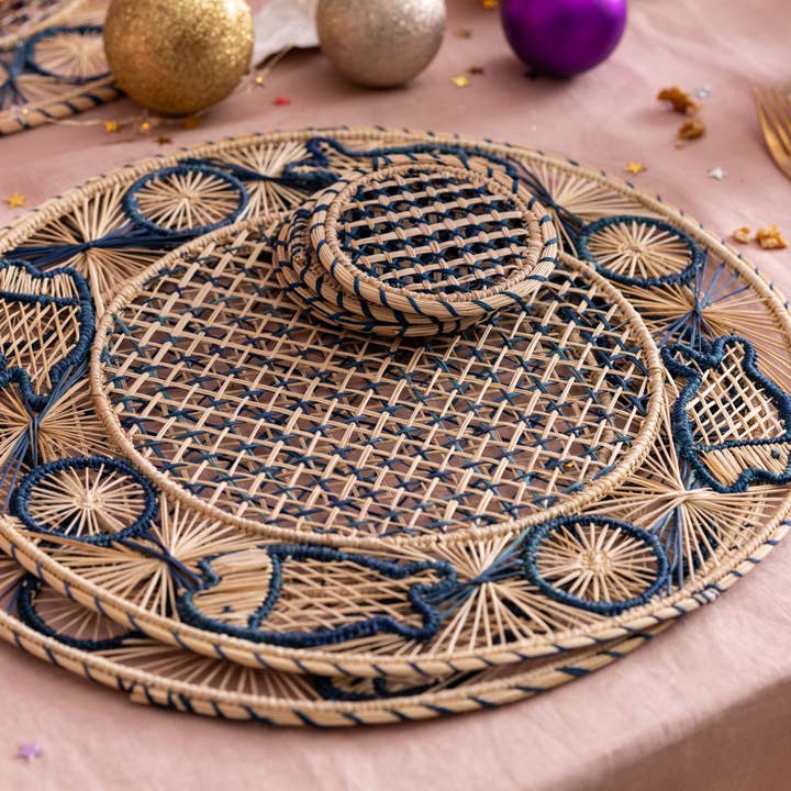 Washein - Wholesale Placemat - Blue Fish Round Placemats Natural Straw
