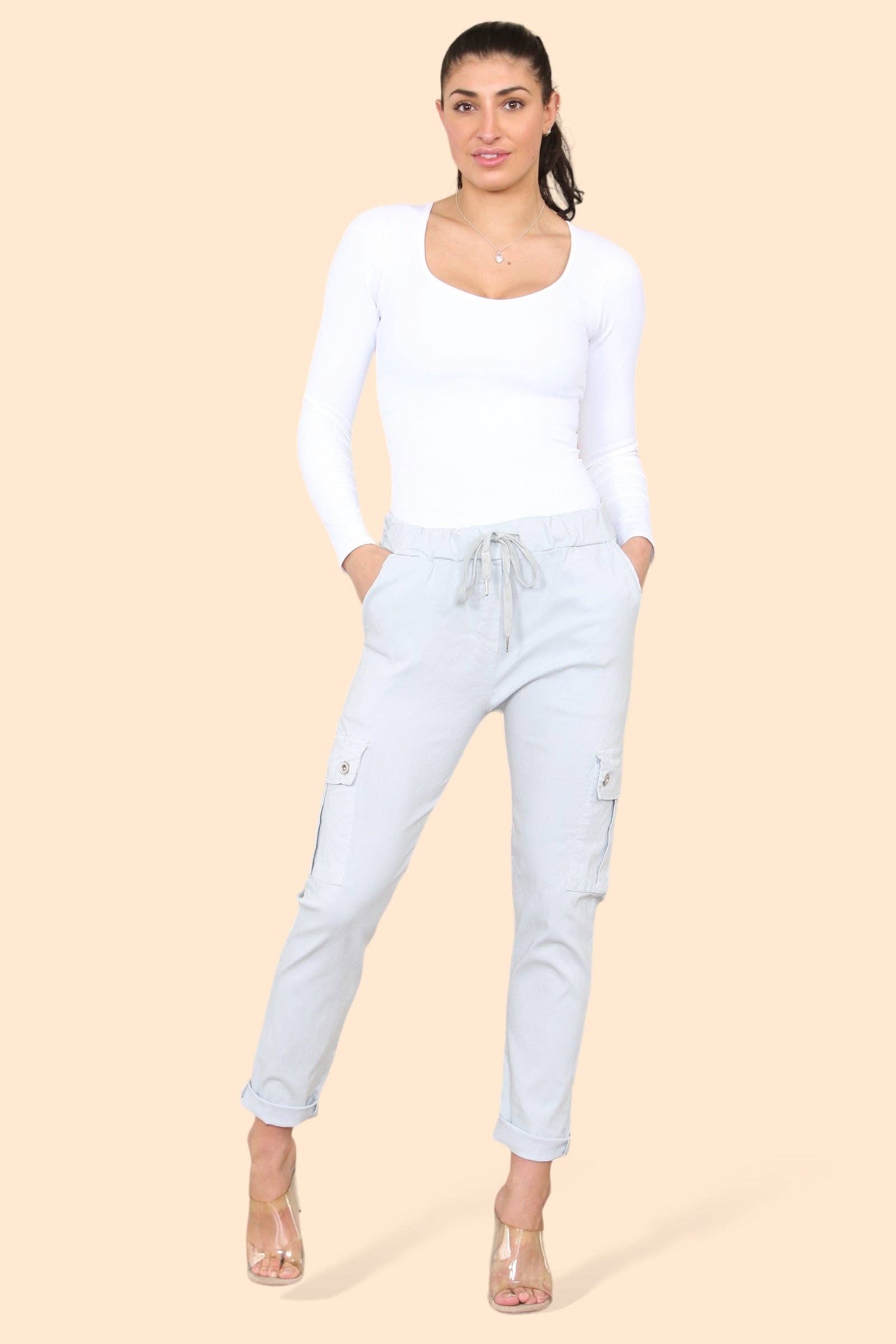 Kurt Muller – wholesale Pants – Women's – Plain Cargo Stud Pocket Bi-Stretch Magic Trousers7