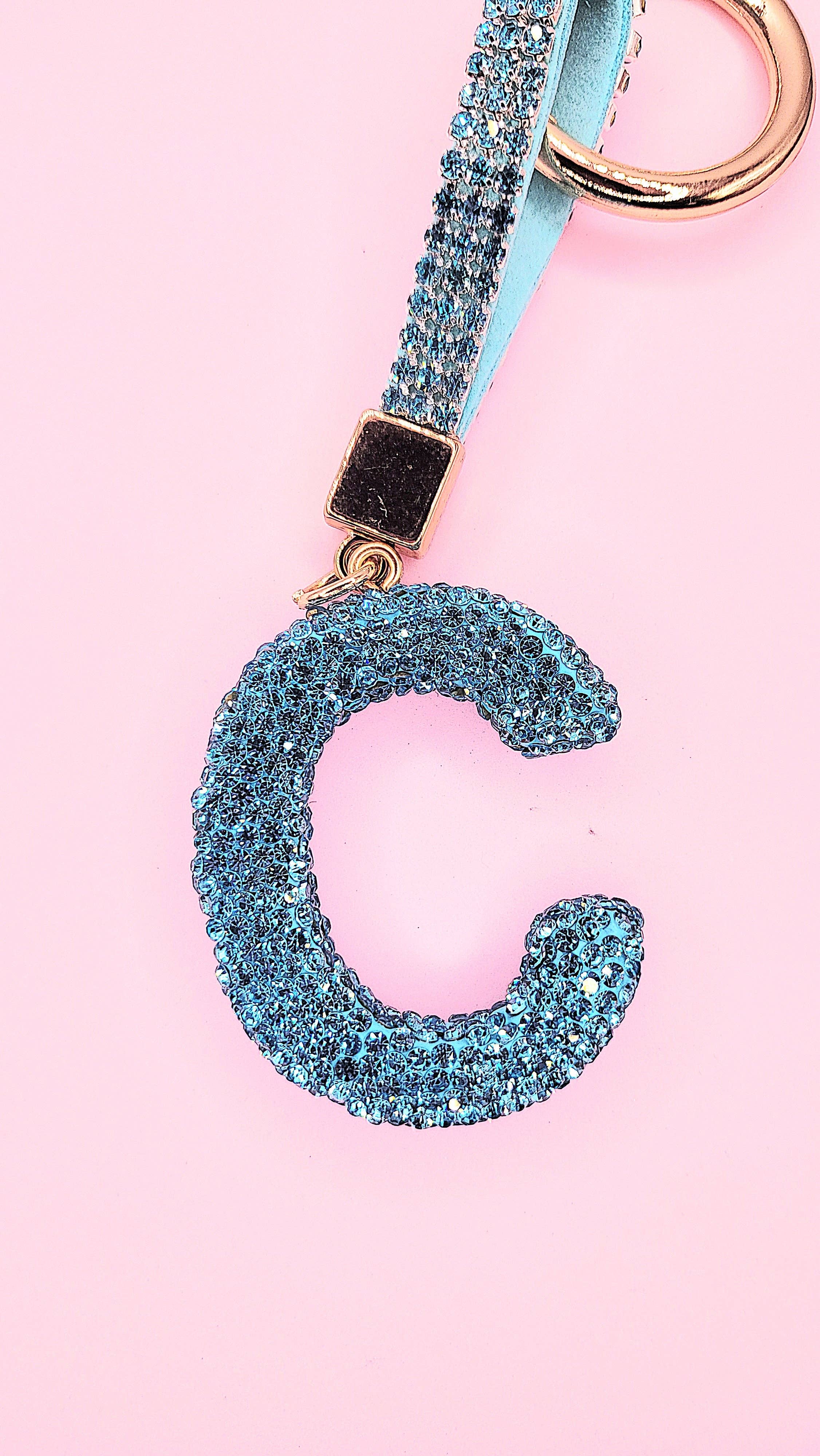 Silver Initial Letter Blue Crystal Key Ring & Bag Charm for wholesale on Faire2