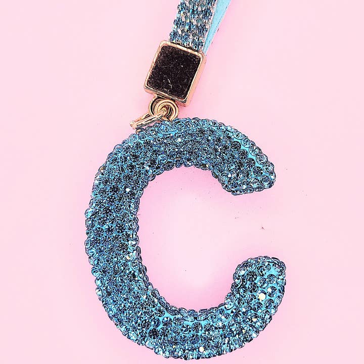 Silver Initial Letter Blue Crystal Key Ring & Bag Charm for wholesale on Faire2