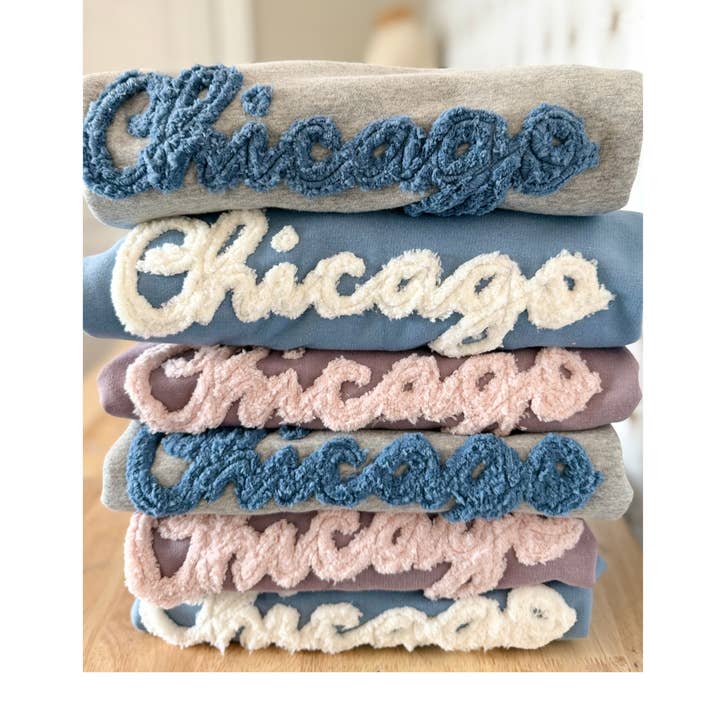 Chicago Chenille Sweatshirt, Blue for wholesale by Stitch Monograms